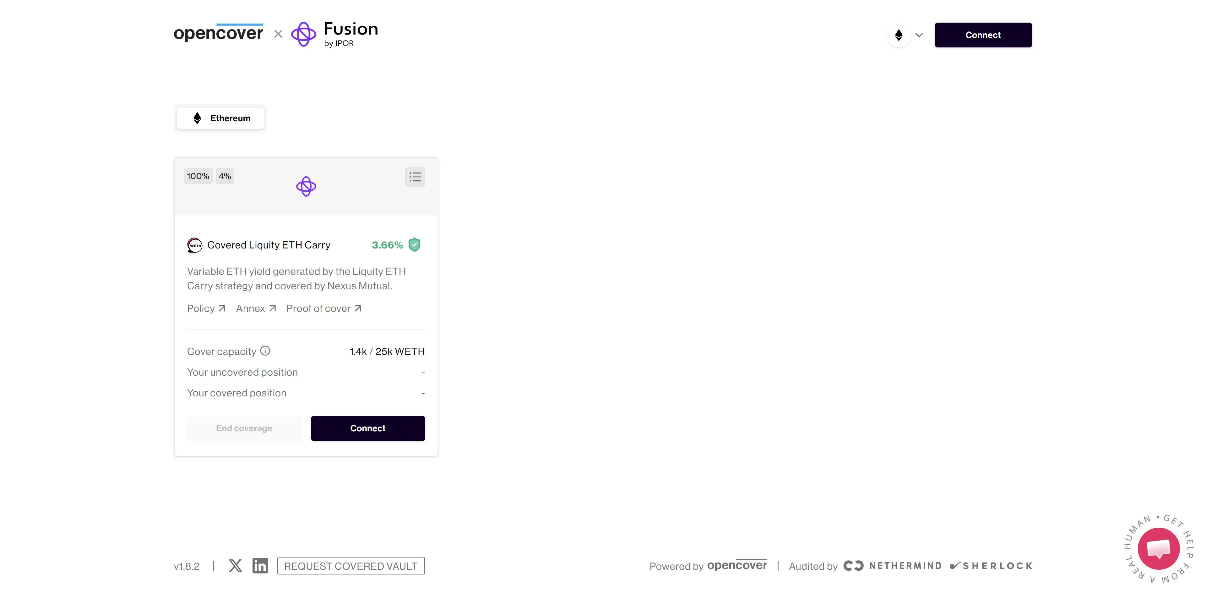 The OpenCover x Fusion page listing an eligible Covered Vault, the Covered Liquity ETH Carry vault, with its APY, cover capacity, and coverage details.